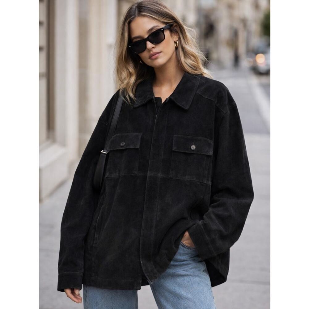 Vintage 90s Claiborne Black Suede Leather Chore Jacket Zip Front Oversized XL - Picture 12 of 12
